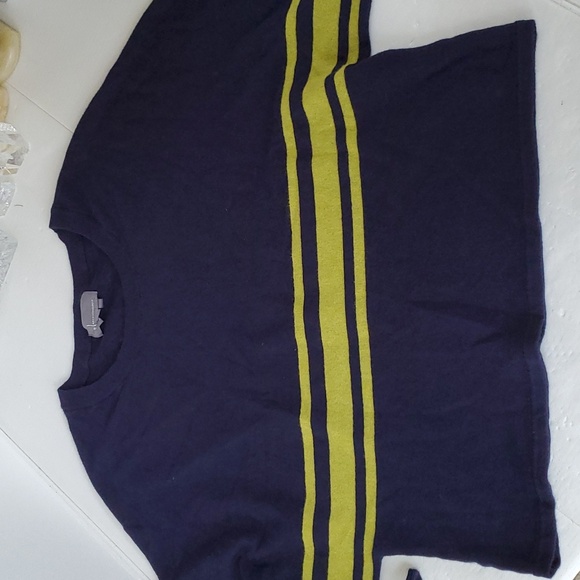 Anthropologie Batwing Sweater Size L Navy Blue Greenish Yellow Stripes LS - Picture 2 of 14